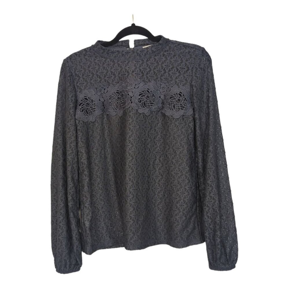 LOFT Lace Embroidered Long-sleeved Charcoal Grey Top Size XS